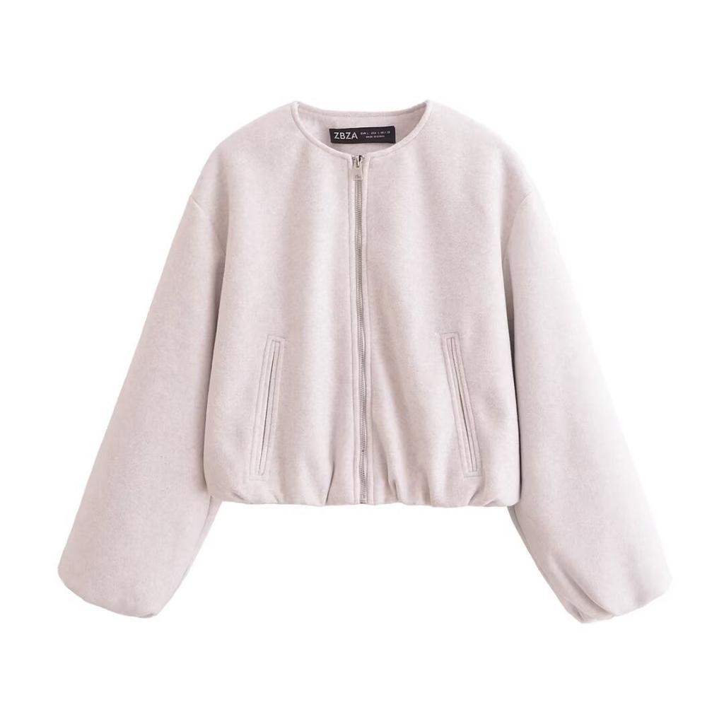 Spring and Autumn Women's Loose Versatile Crew Neck Long Sleeve Pocket Soft Bomber Jacket