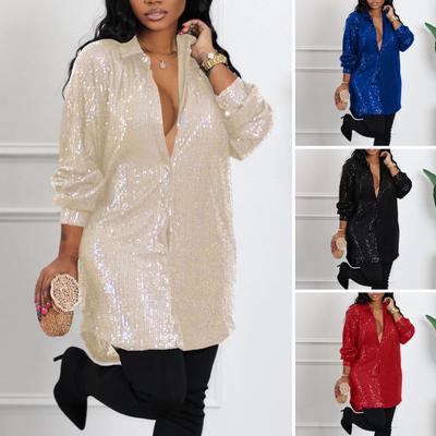 Women Shirt Dress Shiny Sequin Single-breasted Turn-down Collar Long Sleeve Loose Buttons Mid Length Casual Cardigan Lady Blouse Mini Dress