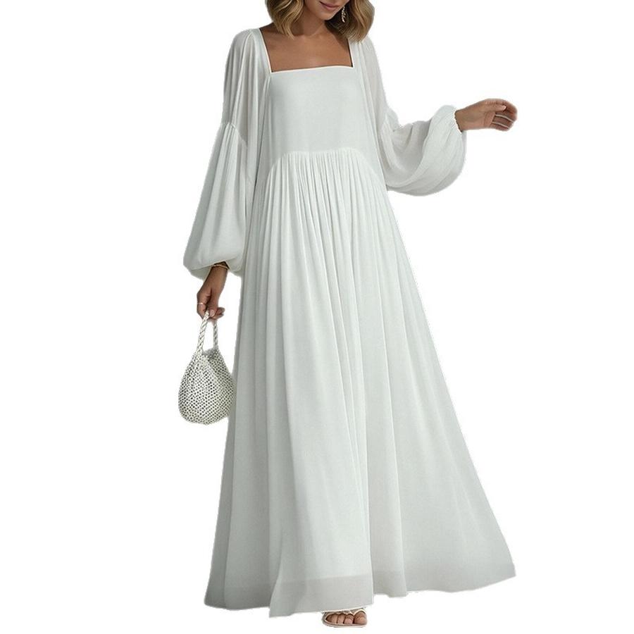 Jarní Novinky Dámské Oblečení Módní Ležérní Elegantní Čtvercový Výstřih Volné Jednobarevné Šaty