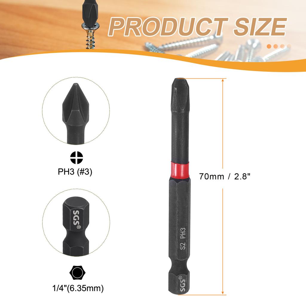 Phillips Impact Screwdriver Bit 1/4" Hex Shank Magnetic Cross Head Drill Bits S2 Steel Screw Driver for Impact Power Drivers