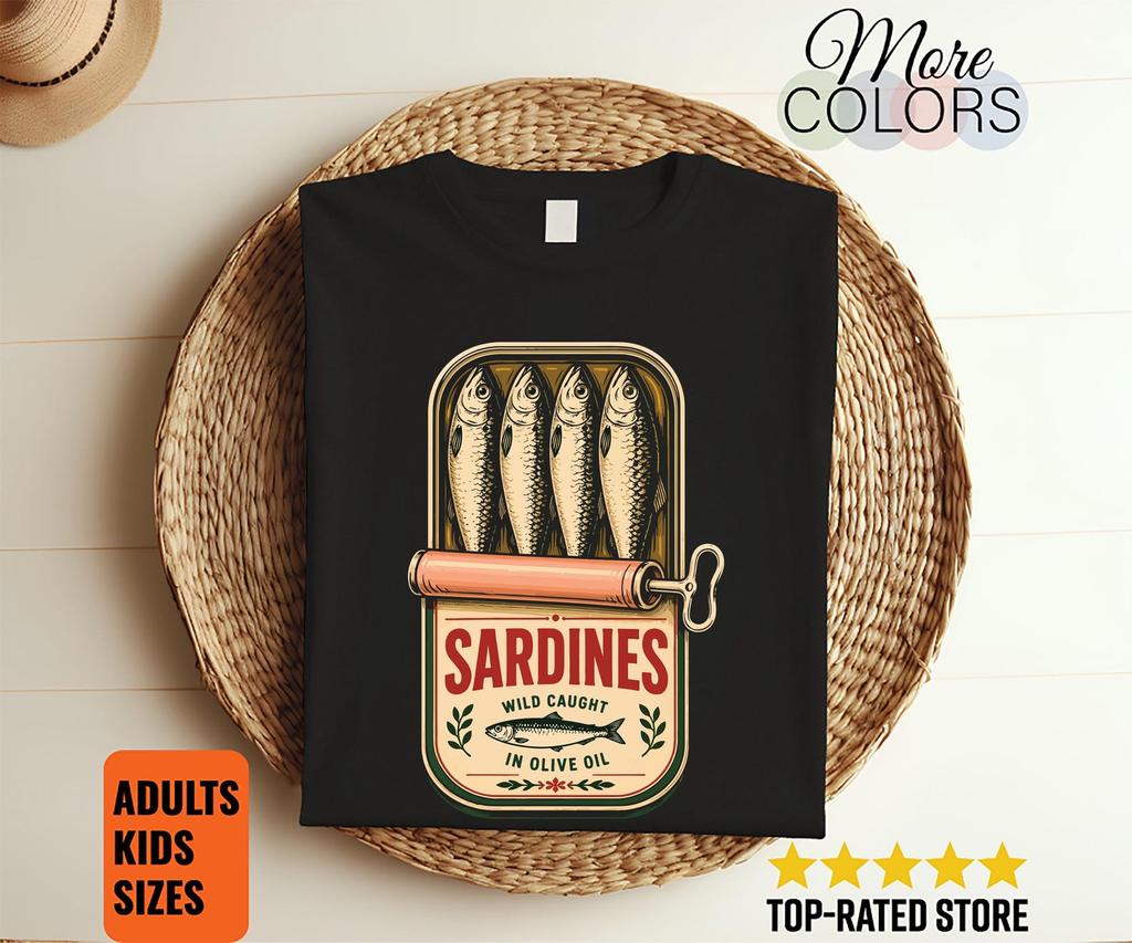 Sardines Shirt, Vintage Wild Caught Olive Oil Tin Tee, Tinned Fish Lover Gift, Unisex Apparel, Birthday Present, Crewneck Top, Foodie Outfit