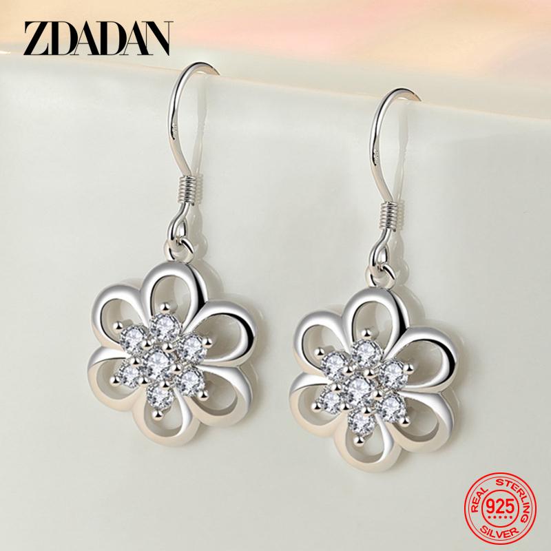 

925 Sterling Silver Hollow Flower CZ Dangle Earrings For Women Charm Jewelry Engagement Gift