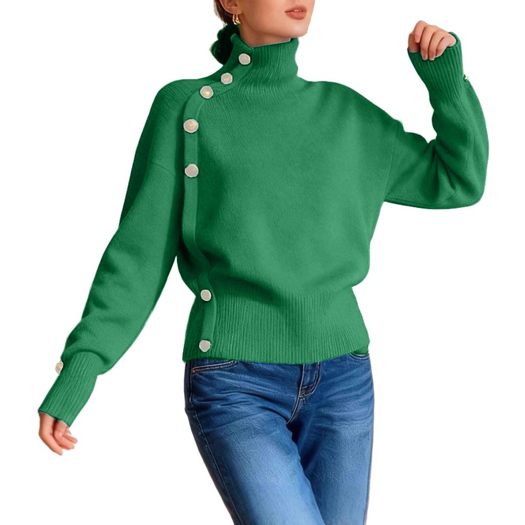 Women's Loose Comfortable Casual Fashion Knit Sweater With Buttons And High Neck