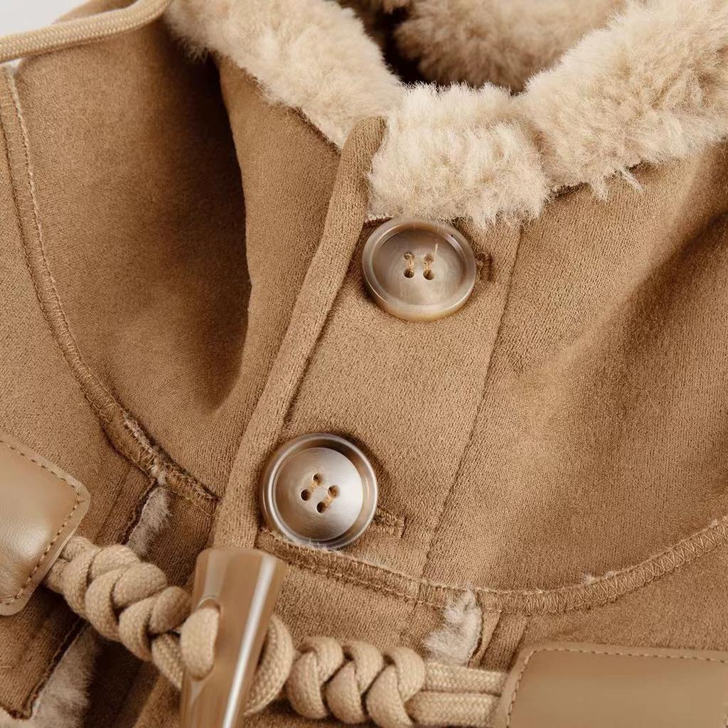 Thick Over-the-knee Hooded Horn Buckle Thickened Fur One-piece Coat Women's Imitation Lamb Wool Coat Winter Hooded Cotton Coat