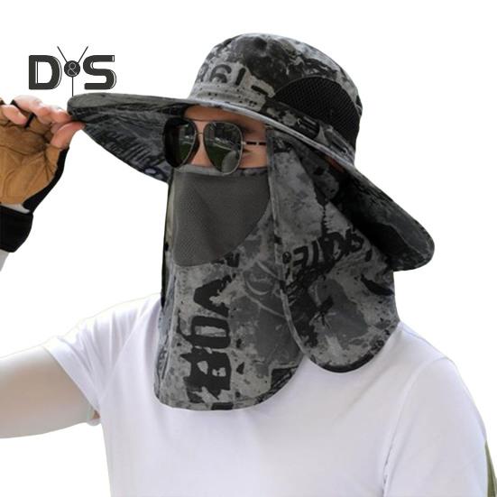 Men Fisherman Hat with Front Cover Large Brim Hollow Mesh Camouflage Print Anti-UV Sunlight Protection Quick Dry Great Breathability Outdoor Fishing