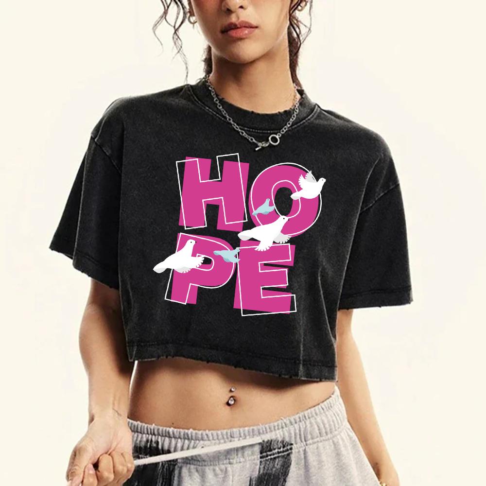 

Hope Pigeon Pink Letter Printing Womens Washed Crop T-Shirts Retro Cotton Tee Shirt Fashion T Shirts Crewneck Slim Tops M