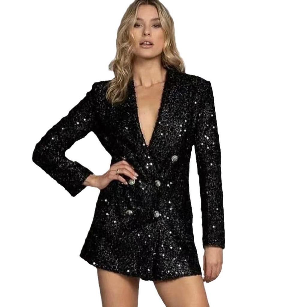 Europäische und amerikanische Mode Zweireihige schwarze Pailletten V-Ausschnitt Schlanke lange Anzugjacke