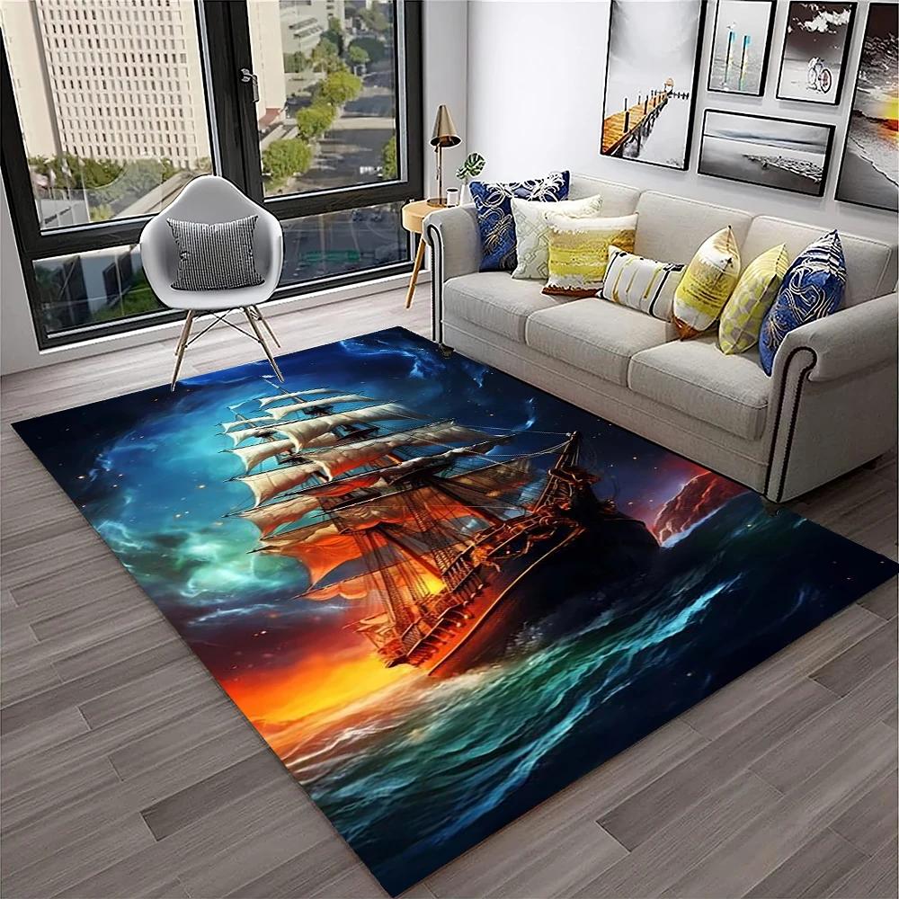 3D Piratenschiff Boot, Bark, Segelboot Teppich für Zuhause Wohnzimmer Schlafzimmer Sofa Fußmatte Dekor, Kinderbereich Teppich Rutschfeste Bodenmatte