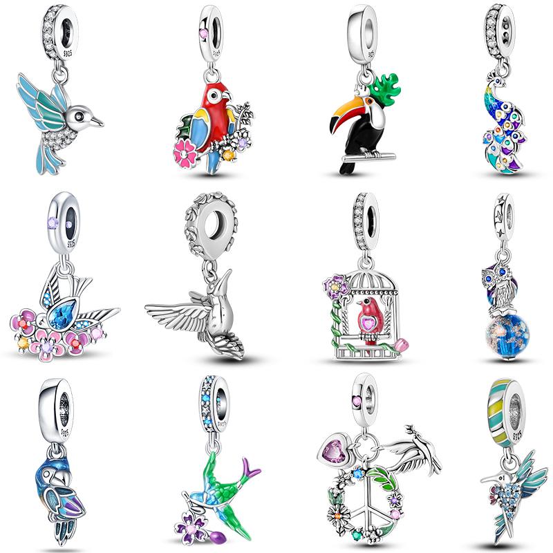 Trendy 925 Silver Large Billed Bir White Dove Parrot Feather Charms Beads Fit Pan 925 Original Bracelets DIY Luxury Fine Jewelry