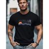 European Sizes Surf Style Vintage Slim Fit T-Shirt for Men, American Casual Style Top, White Base with Sunset and Ocean Wave Logo, Short Sleeve