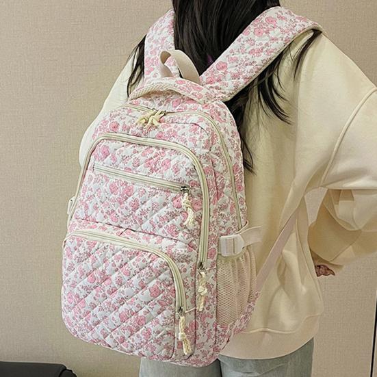 3 Pcs/Set Floral Backpack Women Flower Rucksack Shoulder Bag Makeup Pouch Quilted Daypack for Girls School Work Travel