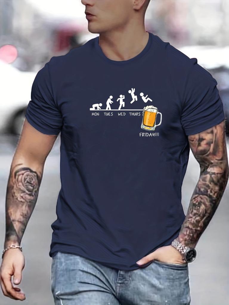Summer Men's 100% Cotton Casual Loose Size Jumping In Beer Print Round Neck Short Sleeved T-shirt Top
