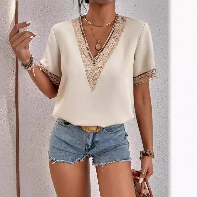 Women's Summer Satin Lace V-neck Solid Color Loose Top Temperament Commuting Short Sleeved Shirt