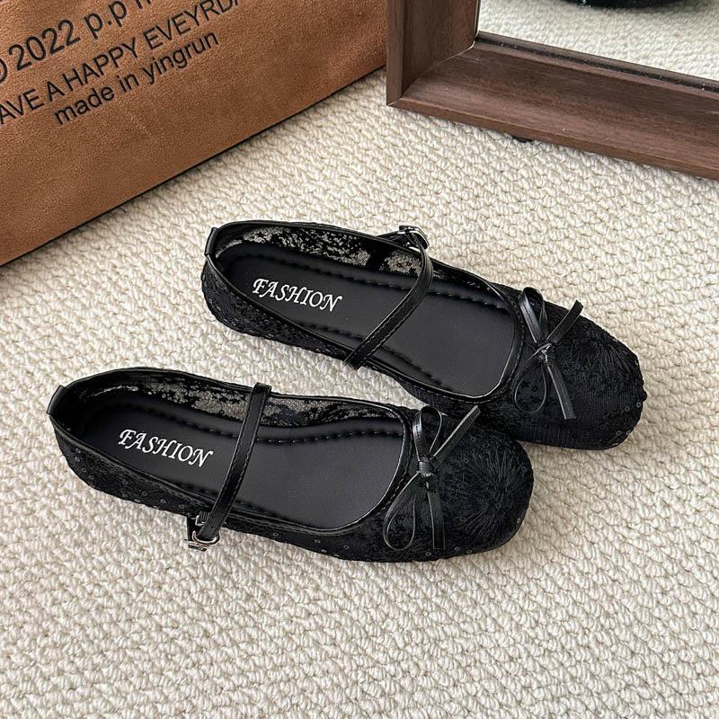 Scarpe Mary Jane a punta quadrata, bocca bassa, fondo piatto, con fiocco a rete e fibbia quadrata, scarpe singole, stile fata delicato