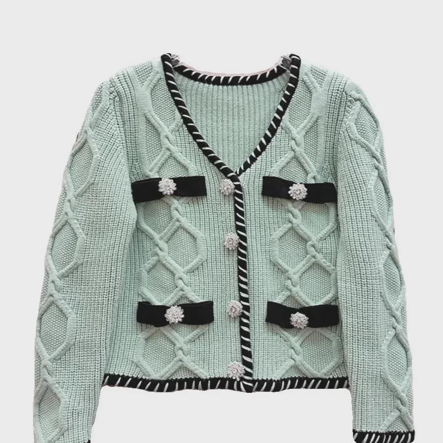 Zhang Yuanying Hvězdný Diamantový Knoflík Pletený Kardigan a Sukně Dvoudílný Set