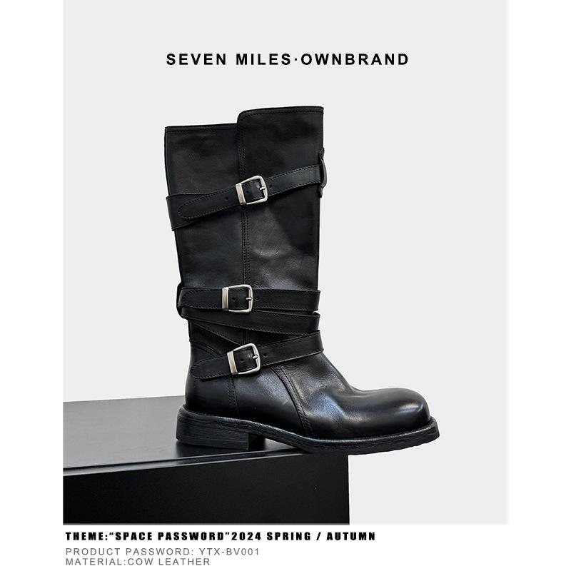 

Cowhide version thick heel thick sole wrap-around belt buckle medium boots genuine leather boots women s western boots versatile knight boots 35