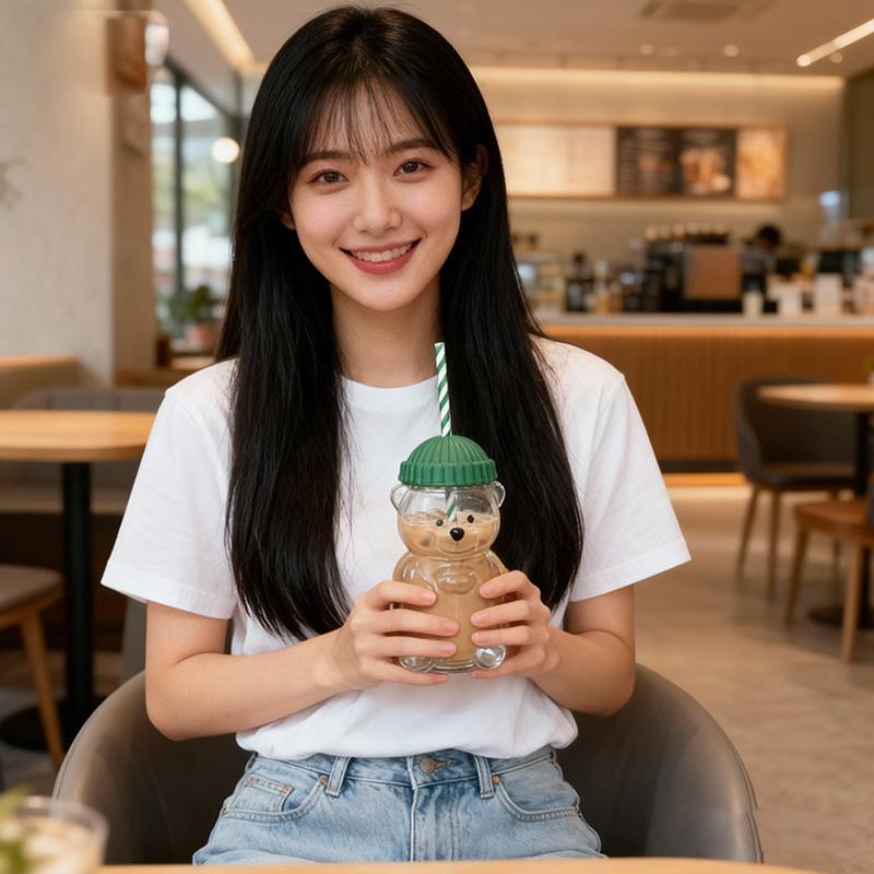 Transparent Bear Shape Plastic Or Glass Cup With Straw Coffee Mug For Men Women Birthday Christmas Gift Beverage Milk Tea Cup