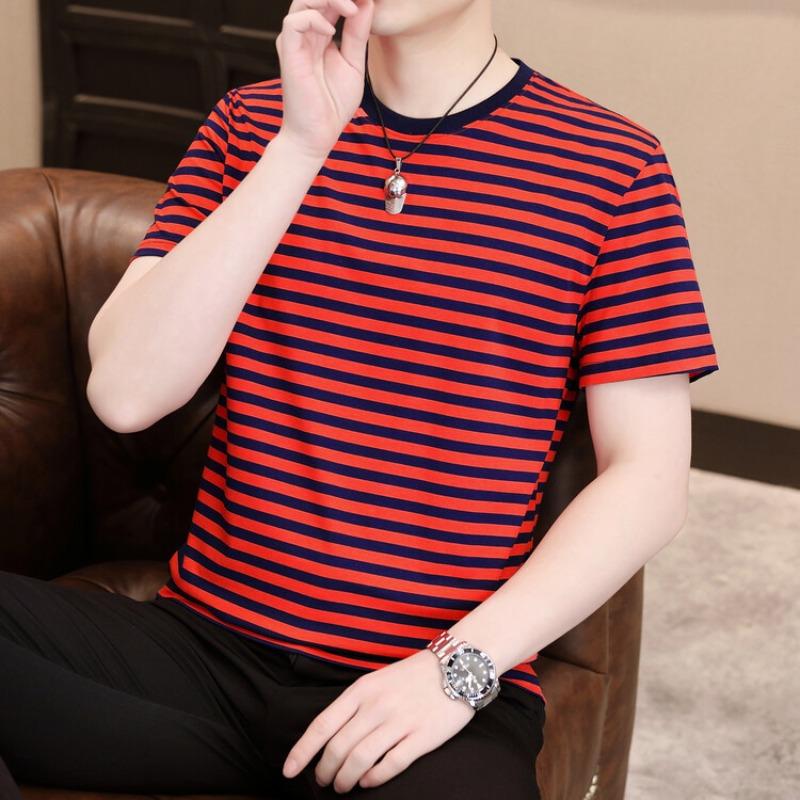 

Summer men s short-sleeved T-shirt Young and middle-aged striped crew neck versatile half-sleeve shirt men s top clothes trendy cotton clothes XXXXL