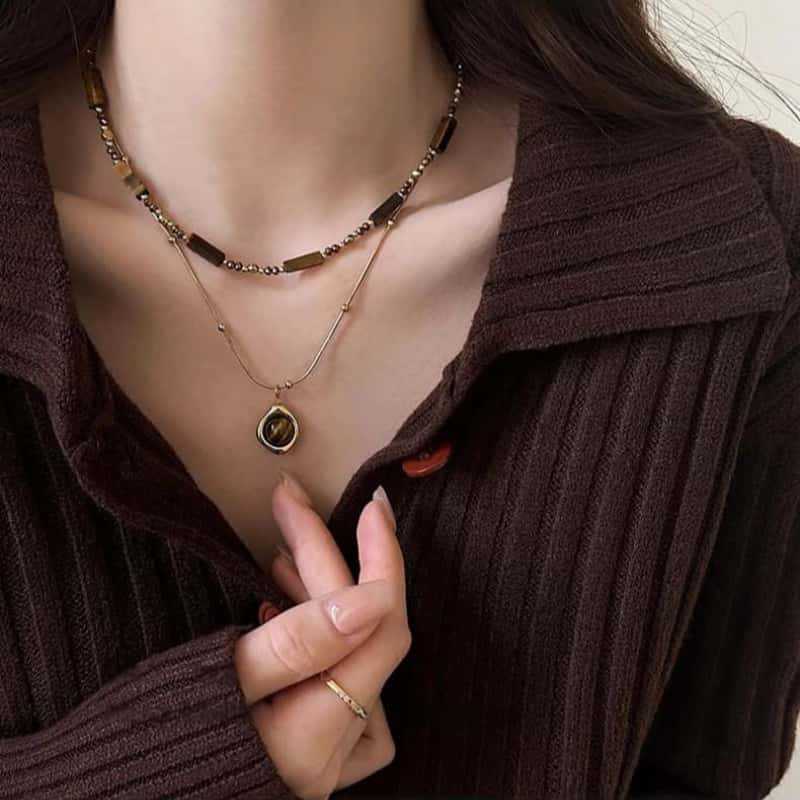 Retro Temperament Layered Tiger Eye Stone Pendant Necklace For Women Stainless Steel Double-Layer Collarbone Chain Sets Jewelry
