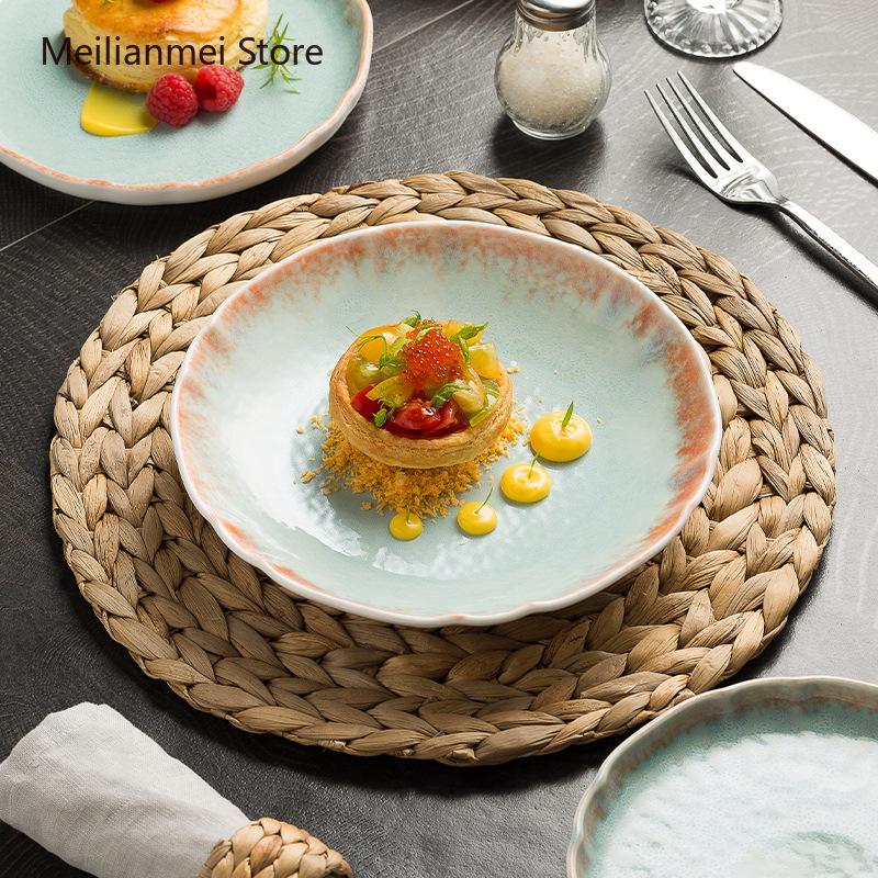 Japanese Ceramic Plate Underglaze Colored Tableware Flat Plates Kitchen Dining Bar Tableware Dinner Plates Square Cake Tray