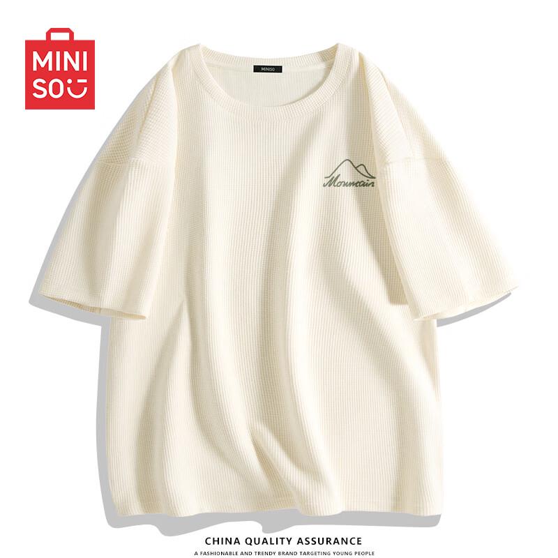MINISO Men s Waffle Knit Loose Fit T-Shirt with Mountain Range Chest Emblem 3XL