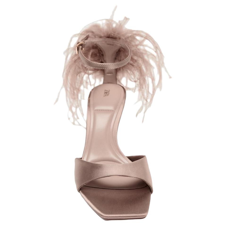 Zara Vintage Open-Toe Dreamy Style Feather High Heels One-Strap Sandals 9Cm Women Sandals Beige 2306610098