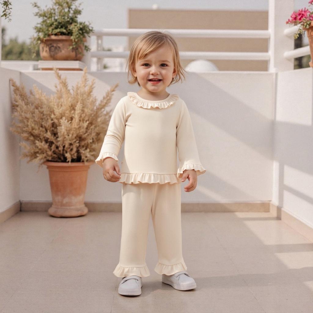 Toddler Girl Fall Outfits Solid Color Long Sleeve Ruffled Round Neck Tops Elastic Waist Long Pants 2 Pcs Set