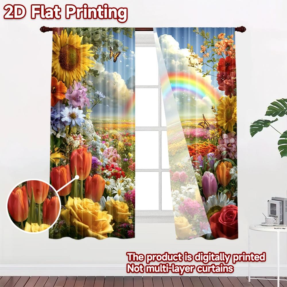 2D flat printing 2pcs Curtain Party Curtains Spring Rainbow Fields Digital Printed Polyester Drapes Family Party Decoration Use