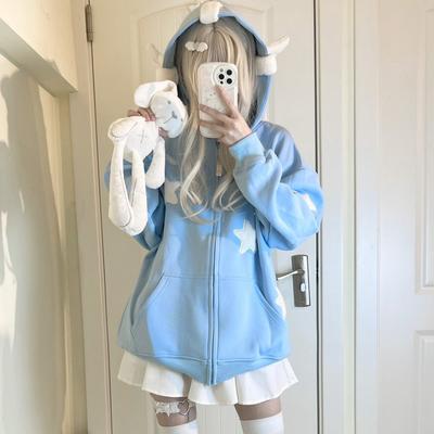 Sweet Street Star-shape Embroidery Kawaii Hoodies Coats Women Autumn Winter Women's Sweatshirt Cardigan Korean Fashion Zip Hoody