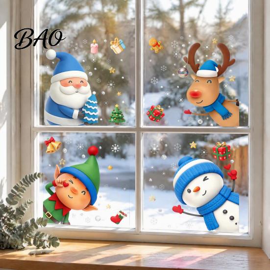 Family Party Glass Decorations Christmas Window Stickers Static Cling, Santa/Reindeer/Snowmen/Elves Print, Waterproof Kids Room Wall Art PVC Decal for