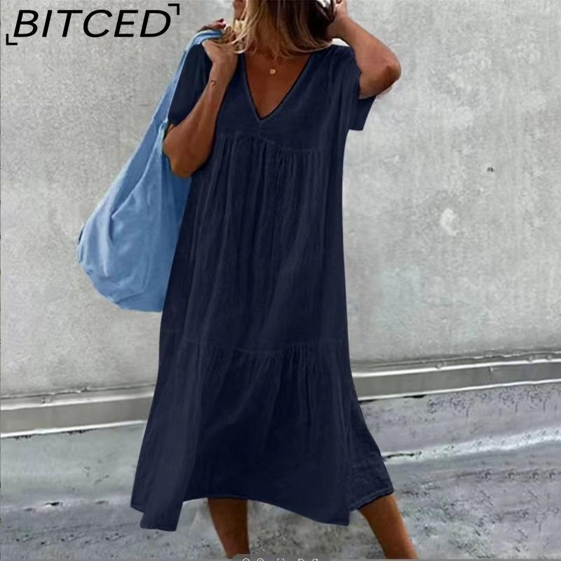 BITCED Women's Fashion Summer Spring Solid Color Print Short Sleeve V-Neck High Waist Casual Dresses