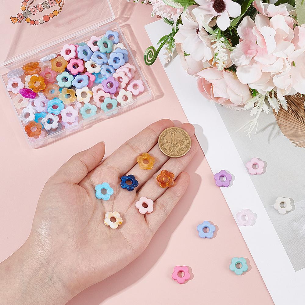 100Pcs 2 Styles Transparent/Opaque Acrylic Bead Frame Flower Mixed Color 14x14.5x3.5~4mm Hole: 1.5~1.6mm 50pcs/style