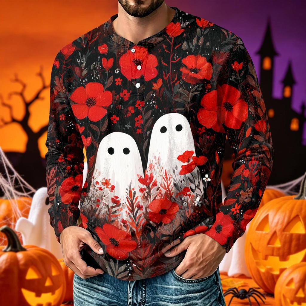 Men Henley Long Sleeve T‑Shirt Halloween 3D Print Pumpkin Ghost Bat Spider Web Graphic Holiday Party Casual Tee