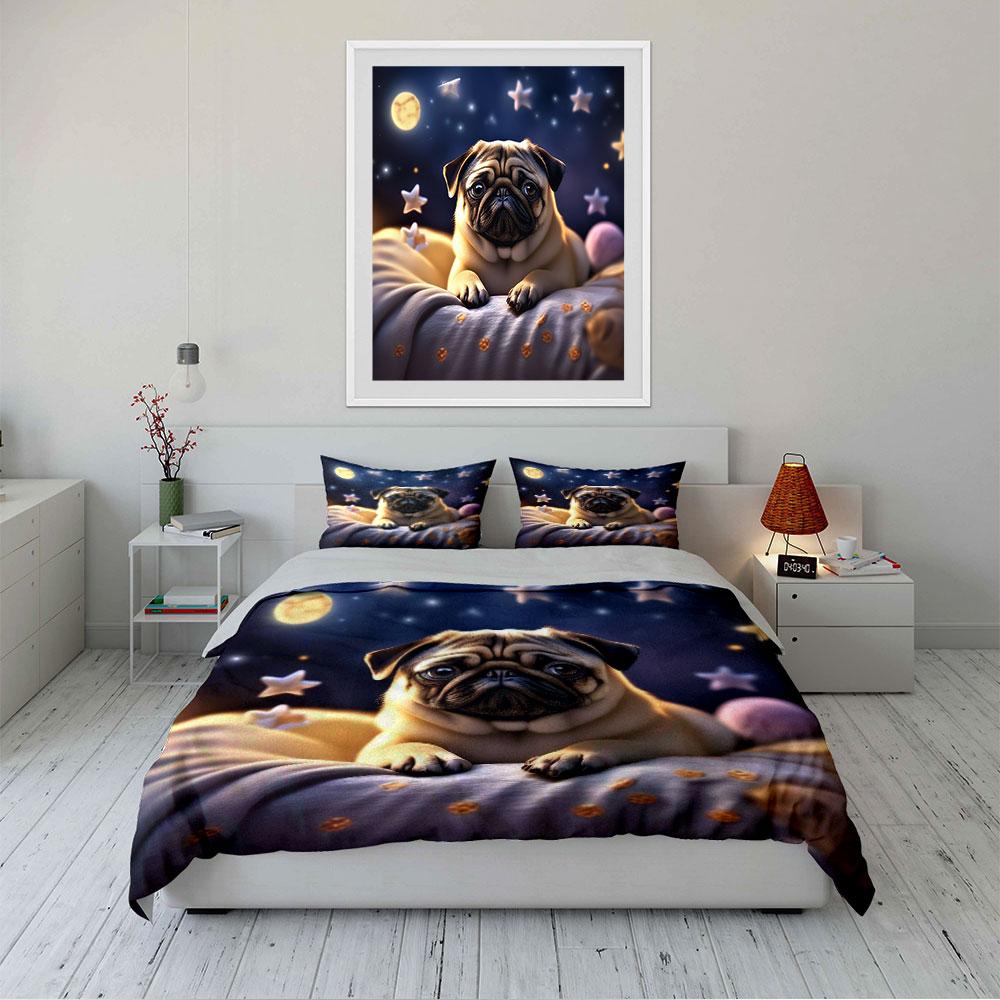 Adorable Pug with Starry Night Bedding Duvet Cover Set  (1*Duvet Cover 2*Pillowcases, Without Duvet Insert)
