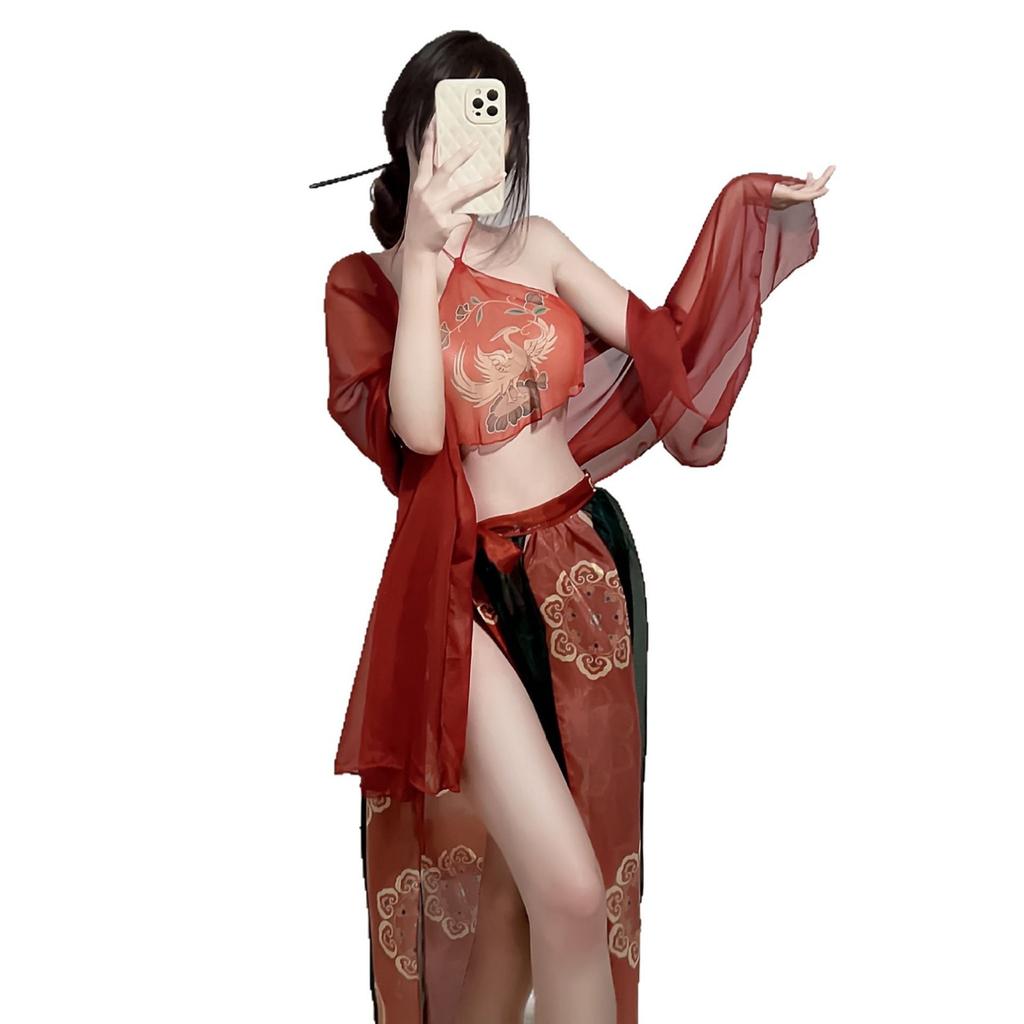 New antique Dunhuang Feitian Exotic Hanfu Uniform Suit Sex Underwear Sexy Printed Perspective Belly Pocket