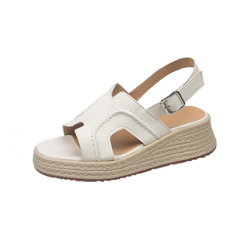 2025 Summer Fairy One-word Cool Slippers Summer Wear Straw Muffin Shoes Small Height Increase Thick-soled High-heeled Sandals