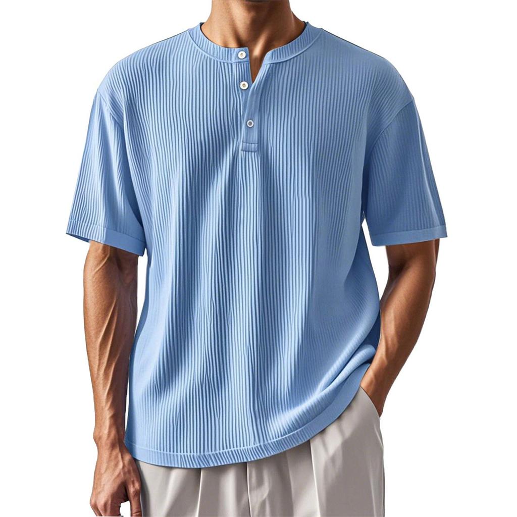 Men's Summer Solid Color Stripe Texture Button Collar Short Sleeve Tops Men's Casual Loose Fashion Tops
