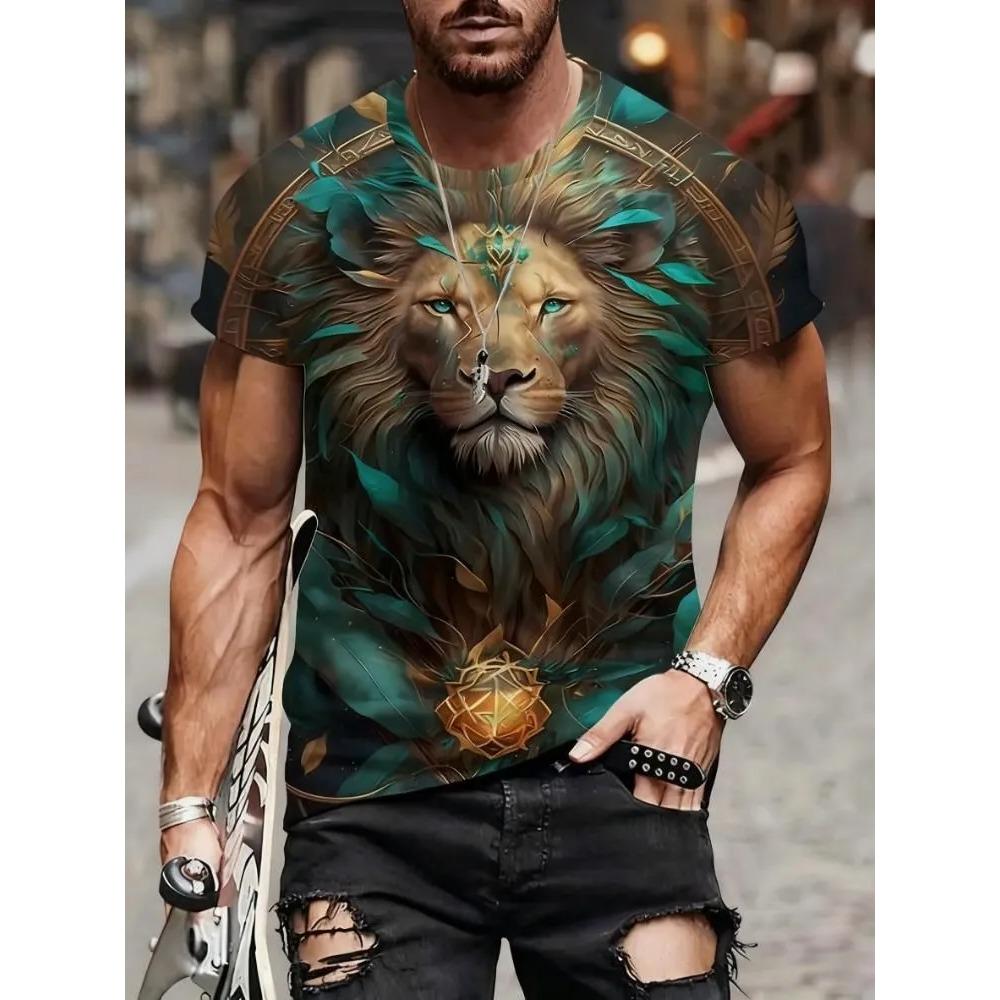 Men's Animal Domineering Lion Print Short Sleeved T-shirt Large Loose Casual Fashionable Comfortable Soft Breathable T-shirt