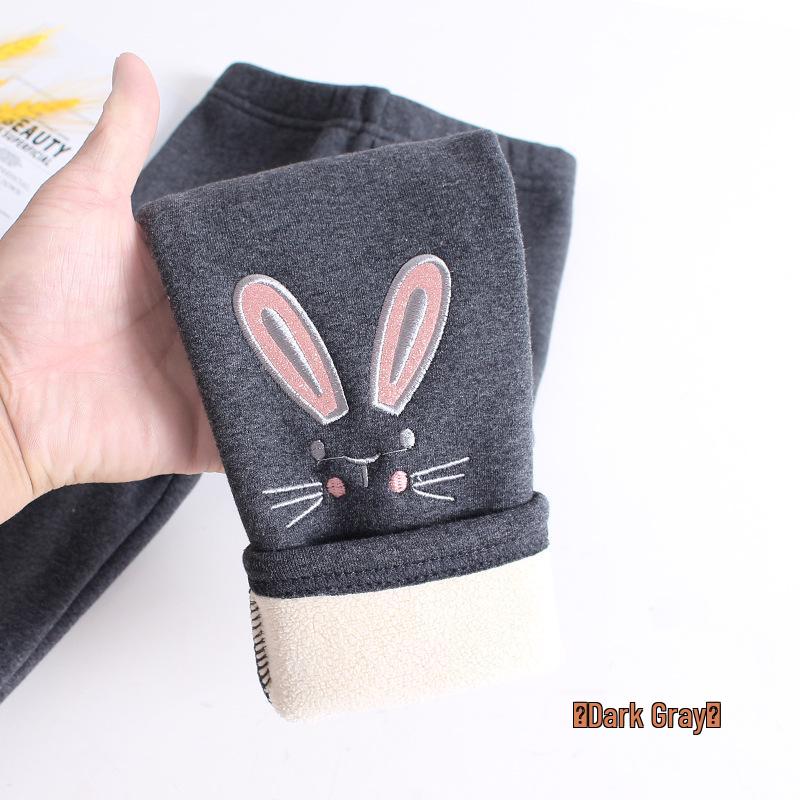 Girls' Winter Fleece-Lined Cotton Leggings with Rabbit Embroidery