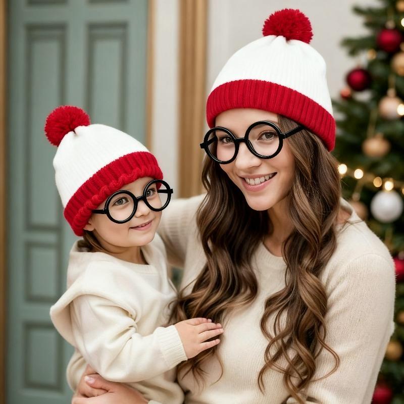 2pcs Red Fleece White Beanie Hat with Fleece Pom,winter Warmth Suitable for New Year,Christmas,Holiday Accessories Decorations