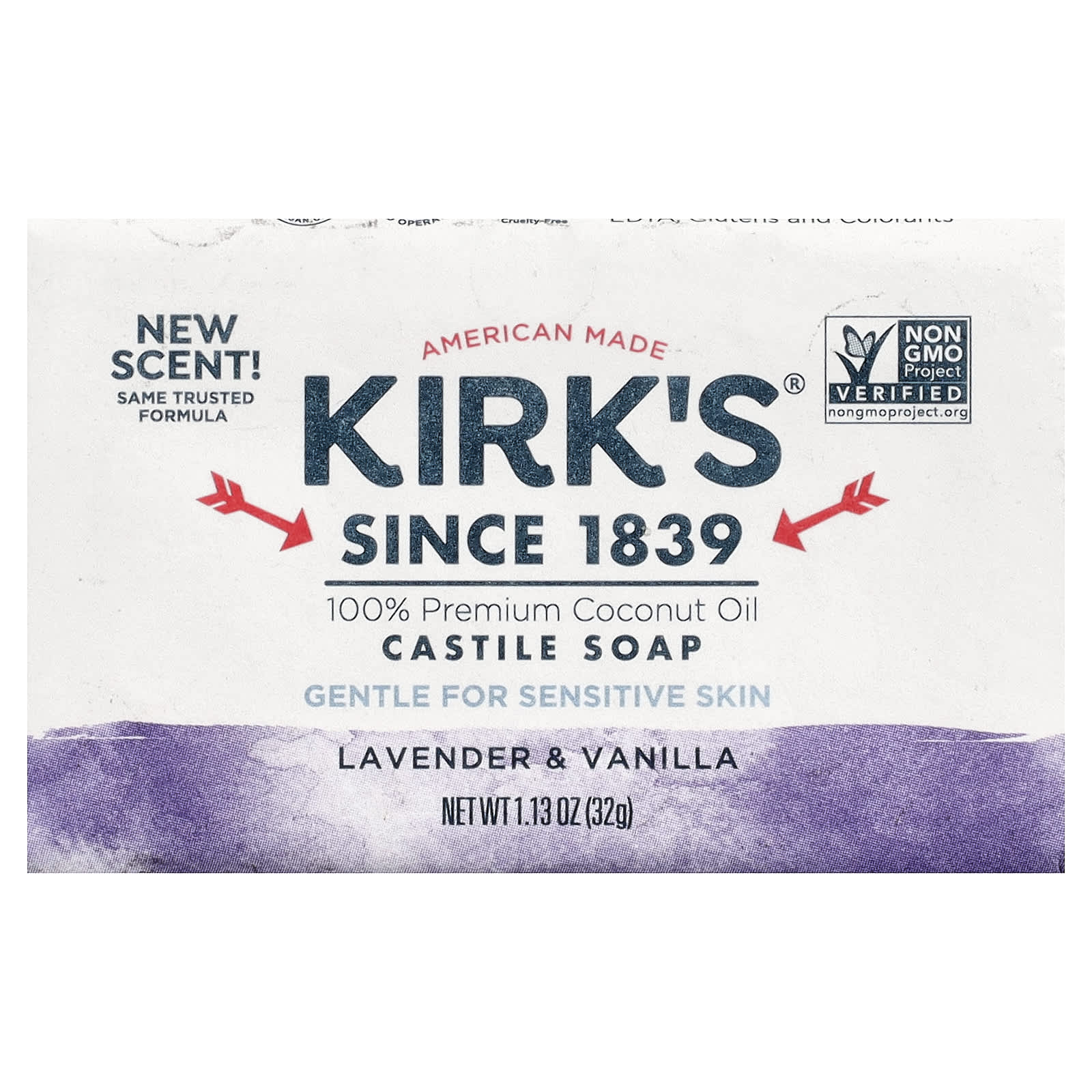 

Kirk s 100% Premium Coconut Oil Castile Bar Soap, Lavender and Vanilla, 32g (1.13oz)