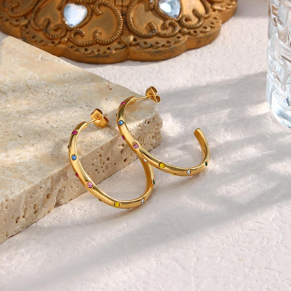 Drop Shipping Colorful Zircon Statement Earring 18K Gold Plated Stainless Steel Hoop Earring