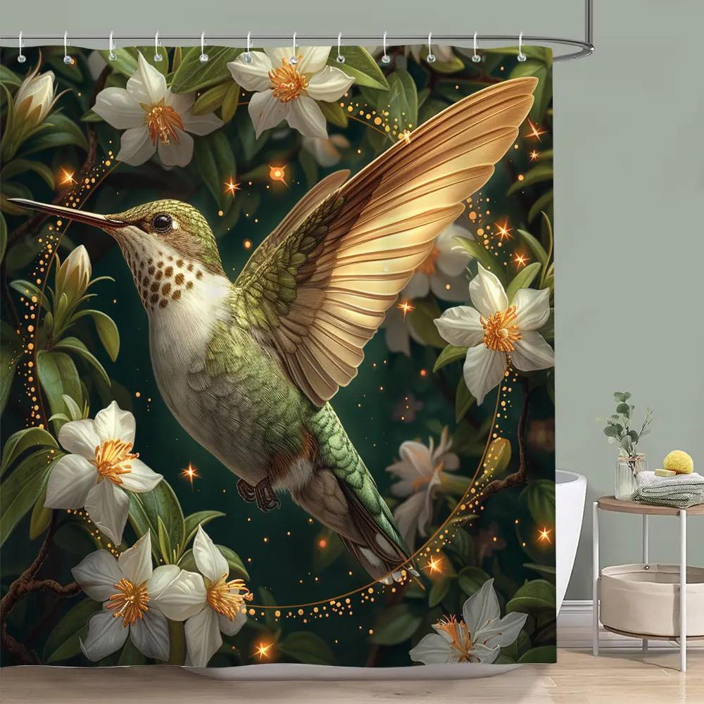 Wunderschöner Kolibri Blumen Duschvorhang Schmetterling Blume Botanischer Aquarelldruck Polyester Duschvorhang Badezimmerdekor