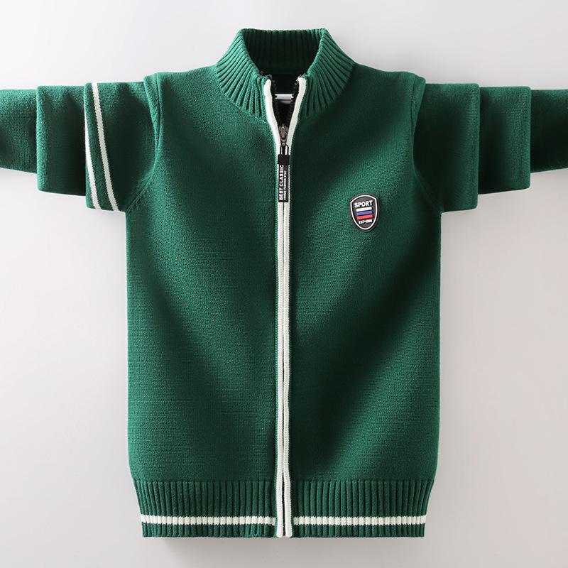 Boys' & Girls' Zip-Up Baseball Jacket, Fleece-Lined Knitted Cardigan for Kids, Spring/Autumn Style