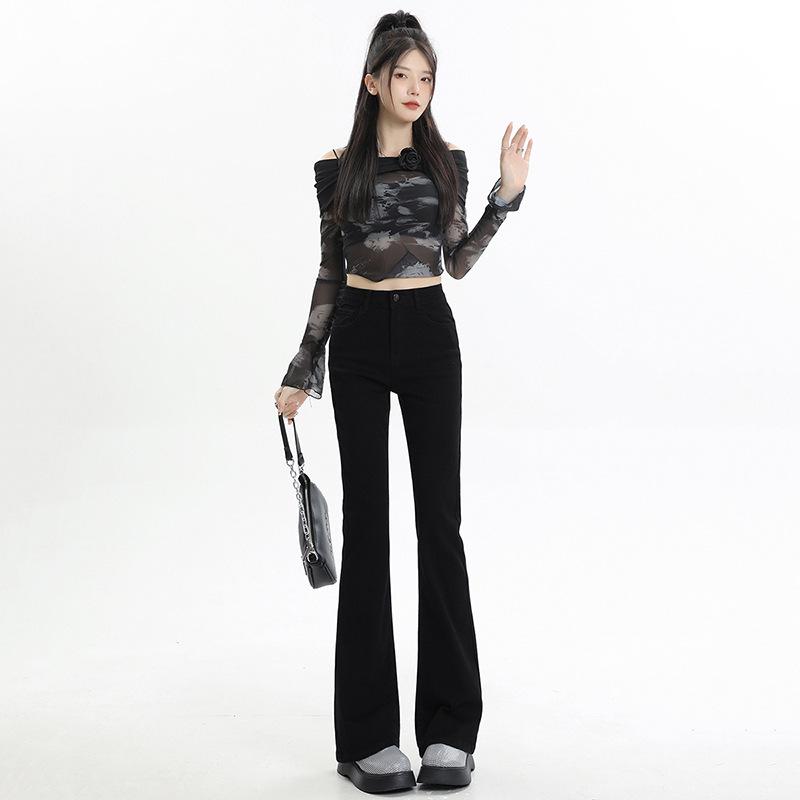 2025 Women's High Waist Black Flared Jeans: Elastic Slim Fit for Spring & Autumn