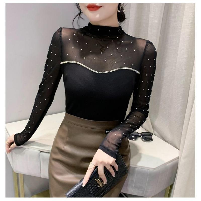 European Autumn New Slimming Fashion Mesh Splicing Hot Diamond Beads Sexy Versatile Long-sleeved Bottoming Shirt