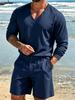 Men's Linen Casual Sports Suit: V-Neck Long Sleeve Top & Shorts - Lightweight & Breathable for Summer