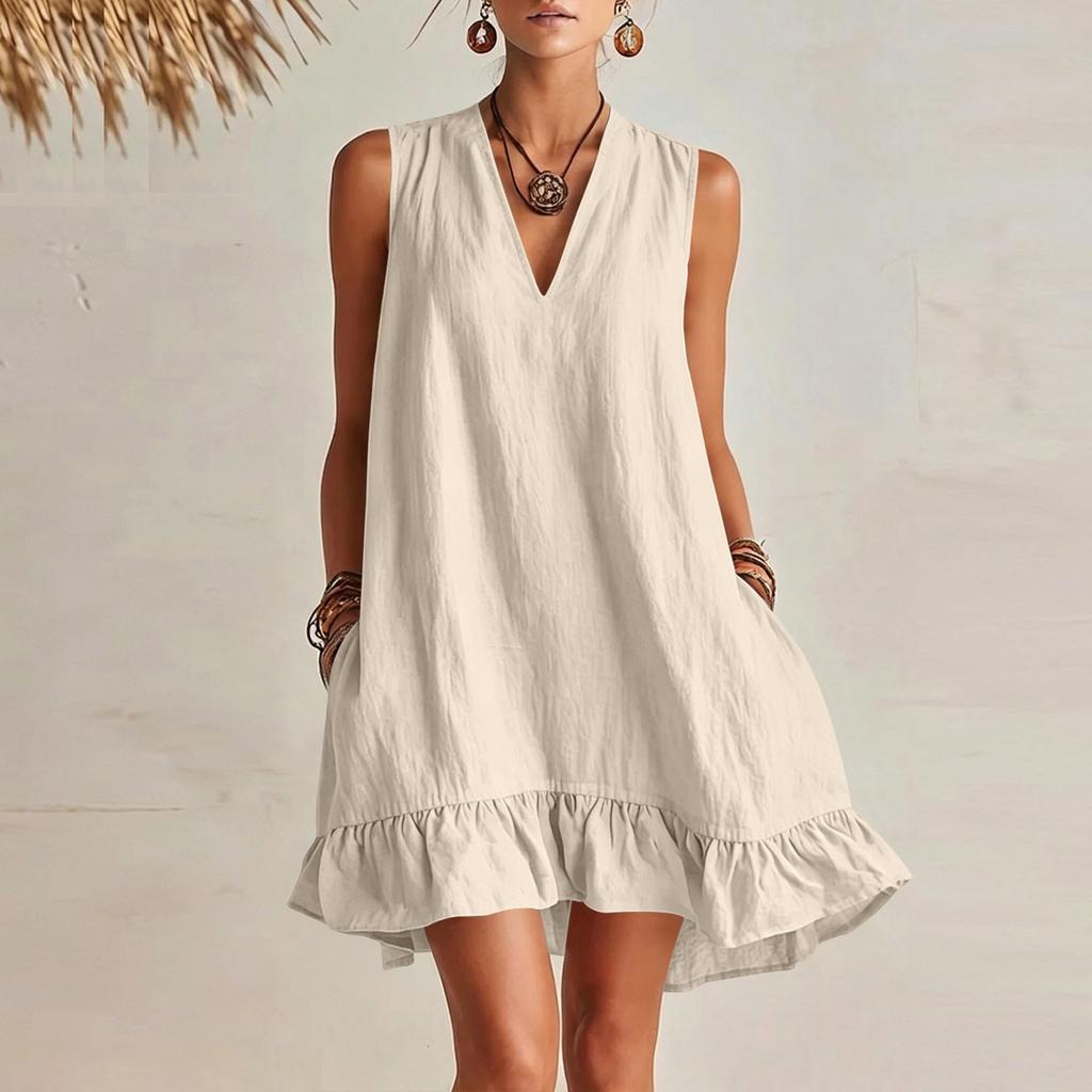 Damen V-Ausschnitt Ärmellos Rüschensaum Locker Sitzendes Kleid mit Taschen Sommerlich Lässig Leicht Einfarbiges Tunika-Kleid für den täglichen Gebrauch