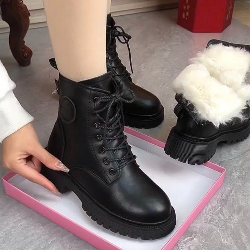 Women's Large Size Leather Soft Sole Increased Height Winter Warm Fur Snow Boots Padded Lined Ankle Boots Non-Slip Hiking Casual Sports Martin Boots