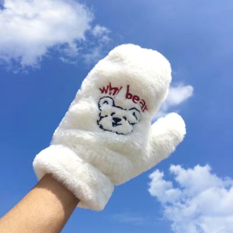 Bär Stickerei Weiche Plüsch Handschuhe Frauen Winter Warm Verdicken Fingerlose Fäustlinge Mädchen Studenten Outdoor Wärmer Geschenke Handschützer